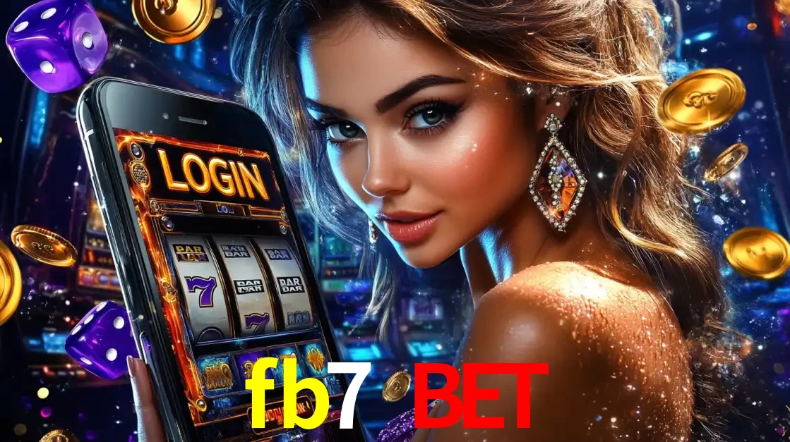 Mulher glamorosa segurando um smartphone com a tela de login para os jogos de caça-níqueis do cassino online fb7 bet, com moedas de ouro e dados ao redor.